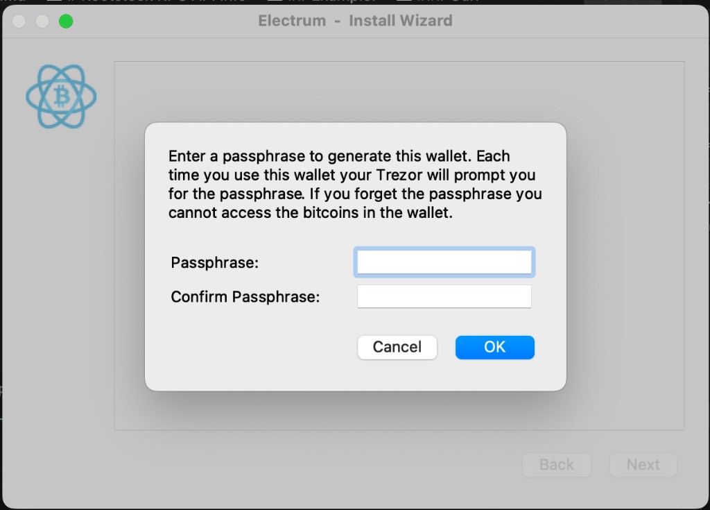 Electrum passphrase dialog in English