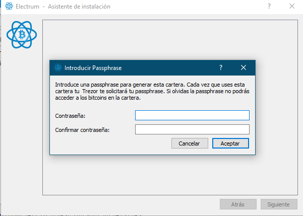 Electrum passphrase dialog in Spanish