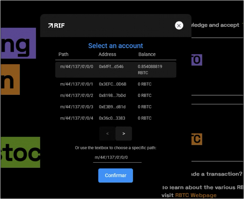 PowPeg App account selector showing derivation path m/44'/137'/0'/0/0